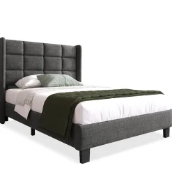 Lit simple 90x200 cm - Lit adulte capitonné avec sommier à lattes - Lin - Sans Matelas - Gris