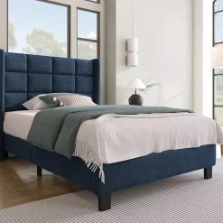 Lit simple 90x200 cm - Lit adulte capitonné avec sommier à lattes - Lin - Sans Matelas - Bleu