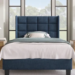 Lit simple 90x200 cm - Lit adulte capitonné avec sommier à lattes - Lin - Sans Matelas - Bleu