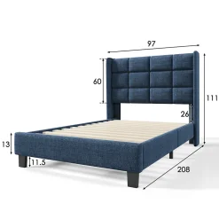 Lit simple 90x200 cm - Lit adulte capitonné avec sommier à lattes - Lin - Sans Matelas - Bleu