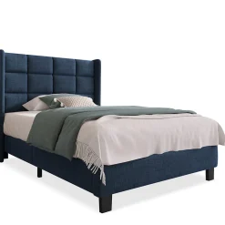 Lit simple 90x200 cm - Lit adulte capitonné avec sommier à lattes - Lin - Sans Matelas - Bleu