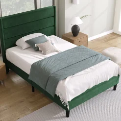 Lit simple 90x200 cm - Lit adulte capitonné avec tête de lit - Lin - Sans Matelas - Vert Foncé