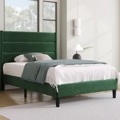 Lit simple 90x200 cm - Lit adulte capitonné avec tête de lit - Lin - Sans Matelas - Vert Foncé