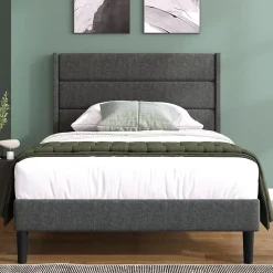 Lit simple 90x200 cm - Lit adulte capitonné avec tête de lit - Lin - Sans Matelas - Gris Foncé