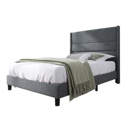 Lit simple 90x200 cm - Lit adulte capitonné avec tête de lit - Lin - Sans Matelas - Gris Foncé