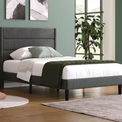 Lit simple 90x200 cm - Lit adulte capitonné avec tête de lit - Lin - Sans Matelas - Gris Foncé