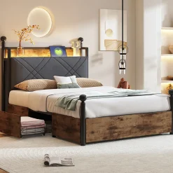 Lit simple 90x190 cm - Lit Baldaquin avec Tiroirs de Rangement et Ports USB/Type-C, Métal avec LED Intégré, Noir, Sans Matelas