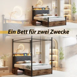 Lit simple 90x190 cm - Lit Baldaquin avec Tiroirs de Rangement et Ports USB/Type-C, Métal avec LED Intégré, Noir, Sans Matelas