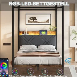 Lit simple 90x190 cm - Lit Baldaquin avec Tiroirs de Rangement et Ports USB/Type-C, Métal avec LED Intégré, Noir, Sans Matelas