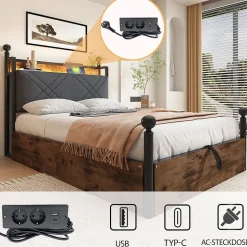 Lit simple 90x190 cm - Lit Baldaquin avec Tiroirs de Rangement et Ports USB/Type-C, Métal avec LED Intégré, Noir, Sans Matelas