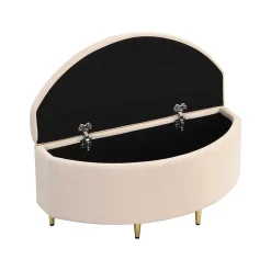 Lit Simple 90x200 cm - Lit Capitonné en Velours avec Tête de Lit Coquillage et Banquette de Rangement - Sans Matelas - Beige