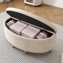 Lit Simple 90x200 cm - Lit Capitonné en Velours avec Tête de Lit Coquillage et Banquette de Rangement - Sans Matelas - Beige