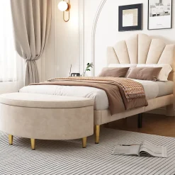 Lit Simple 90x200 cm - Lit Capitonné en Velours avec Tête de Lit Coquillage et Banquette de Rangement - Sans Matelas - Beige
