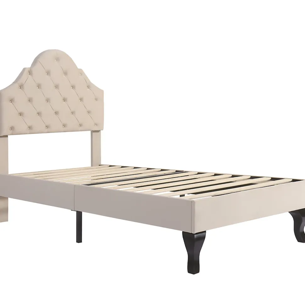 Lit Simple 90x200 cm - Lit Capitonné en Velours avec Tête de Lit Réglable et Sommier en Bois, Sans Matelas - Beige