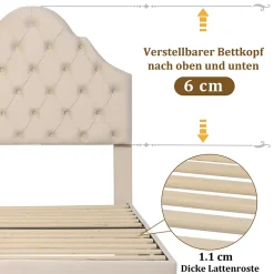 Lit Simple 90x200 cm - Lit Capitonné en Velours avec Tête de Lit Réglable et Sommier en Bois, Sans Matelas - Beige