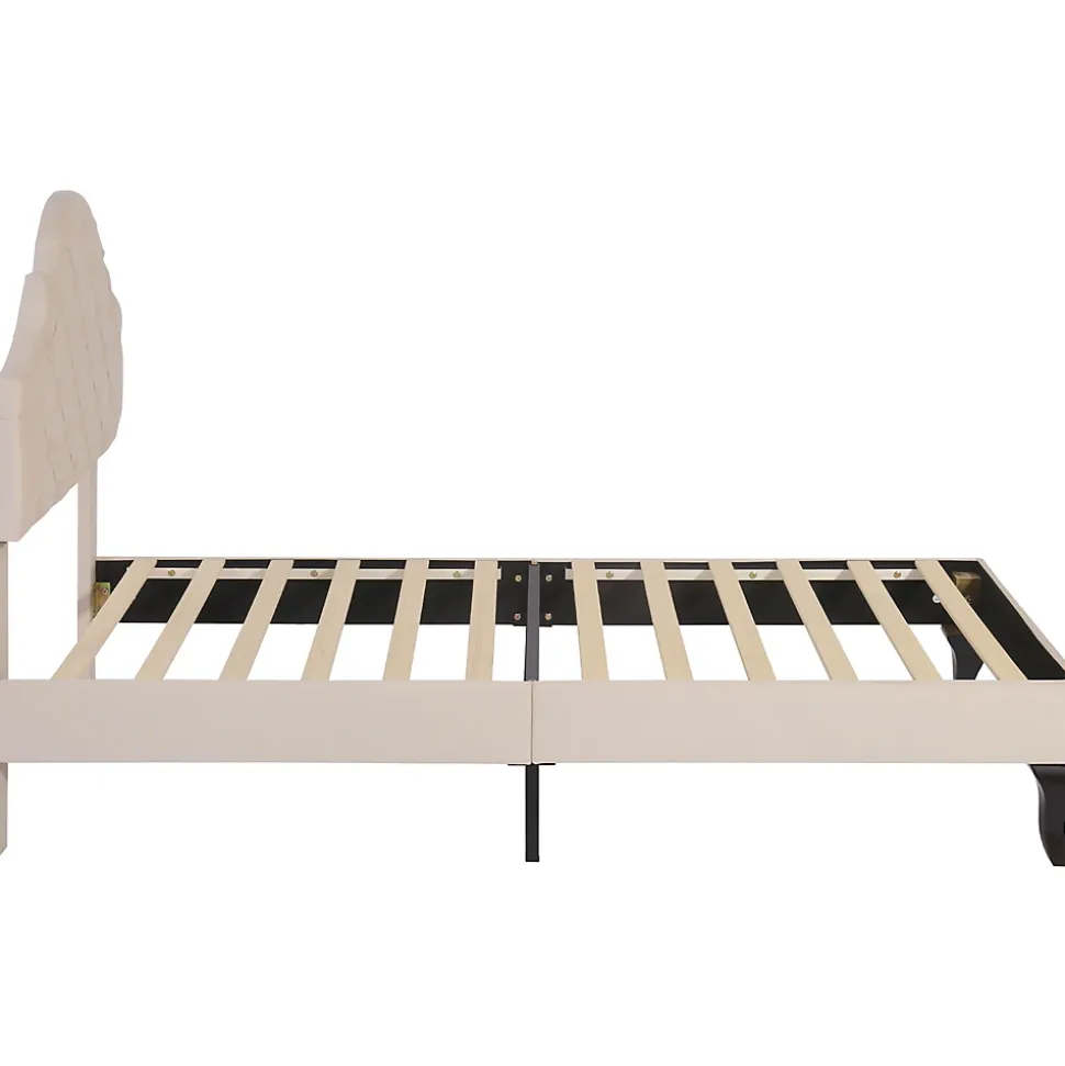 Lit Simple 90x200 cm - Lit Capitonné en Velours avec Tête de Lit Réglable et Sommier en Bois, Sans Matelas - Beige