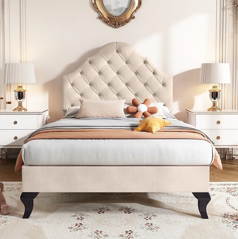 Lit Simple 90x200 cm - Lit Capitonné en Velours avec Tête de Lit Réglable et Sommier en Bois, Sans Matelas - Beige