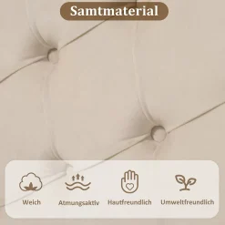 Lit Simple 90x200 cm - Lit Capitonné en Velours avec Tête de Lit Réglable et Sommier en Bois, Sans Matelas - Beige