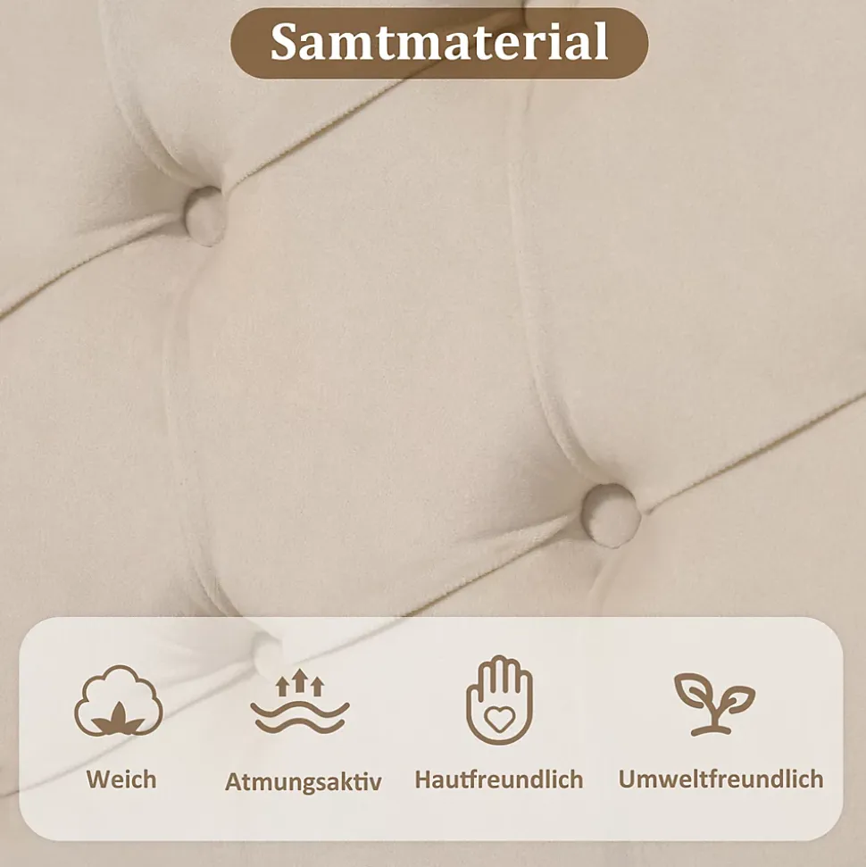 Lit Simple 90x200 cm - Lit Capitonné en Velours avec Tête de Lit Réglable et Sommier en Bois, Sans Matelas - Beige