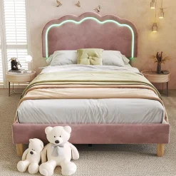 Lit simple 90x190 cm - Lit capitonné avec tête de lit LED réglable - Velours - Sans Matelas - Rose