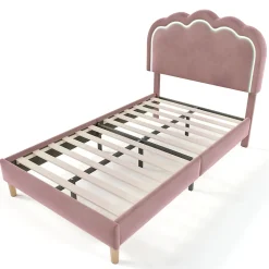 Lit simple 90x190 cm - Lit capitonné avec tête de lit LED réglable - Velours - Sans Matelas - Rose