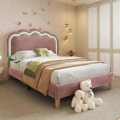 Lit simple 90x190 cm - Lit capitonné avec tête de lit LED réglable - Velours - Sans Matelas - Rose