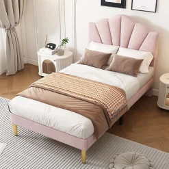 Lit Simple 90x200 cm - Lit Capitonné en Velours avec Tête de Lit Coquillage et Banquette de Rangement - Sans Matelas - Rose