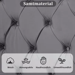 Lit Simple 90x200 cm - Lit Capitonné en Velours avec Tête de Lit Réglable, Sans Matelas - Gris