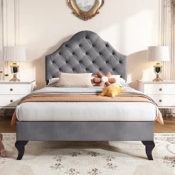 Lit Simple 90x200 cm - Lit Capitonné en Velours avec Tête de Lit Réglable, Sans Matelas - Gris