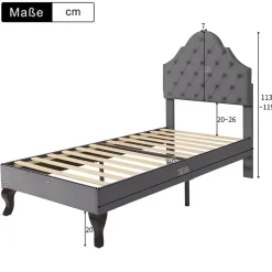 Lit Simple 90x200 cm - Lit Capitonné en Velours avec Tête de Lit Réglable, Sans Matelas - Gris