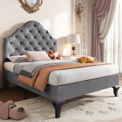 Lit Simple 90x200 cm - Lit Capitonné en Velours avec Tête de Lit Réglable, Sans Matelas - Gris