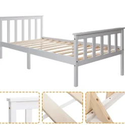Lit simple 90x200 cm - Lit classique avec sommier à lattes - Pin et MDF - Sans matelas - Blanc