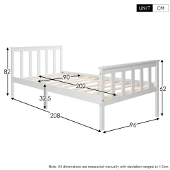 Lit simple 90x200 cm - Lit classique avec sommier à lattes - Pin et MDF - Sans matelas - Blanc