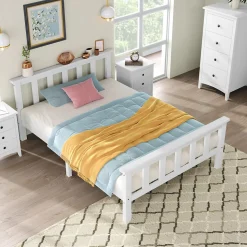 Lit simple 90x200 cm - Lit classique avec sommier à lattes - Pin et MDF - Sans matelas - Blanc