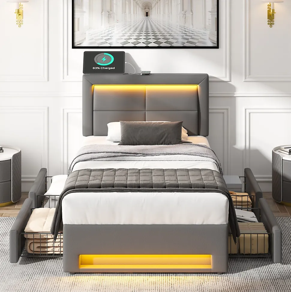 Lit Simple 90x200 cm - Lit Coffre avec 4 Tiroirs et Éclairage LED - Lit Capitonné PU - Gris - Sans Matelas