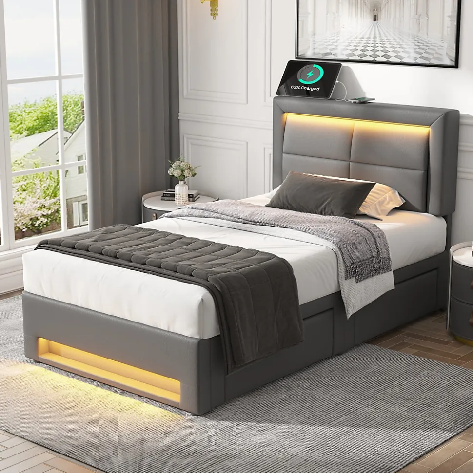 Lit Simple 90x200 cm - Lit Coffre avec 4 Tiroirs et Éclairage LED - Lit Capitonné PU - Gris - Sans Matelas