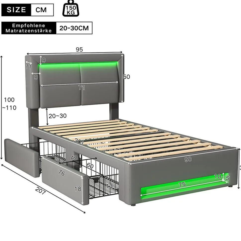 Lit Simple 90x200 cm - Lit Coffre avec 4 Tiroirs et Éclairage LED - Lit Capitonné PU - Gris - Sans Matelas