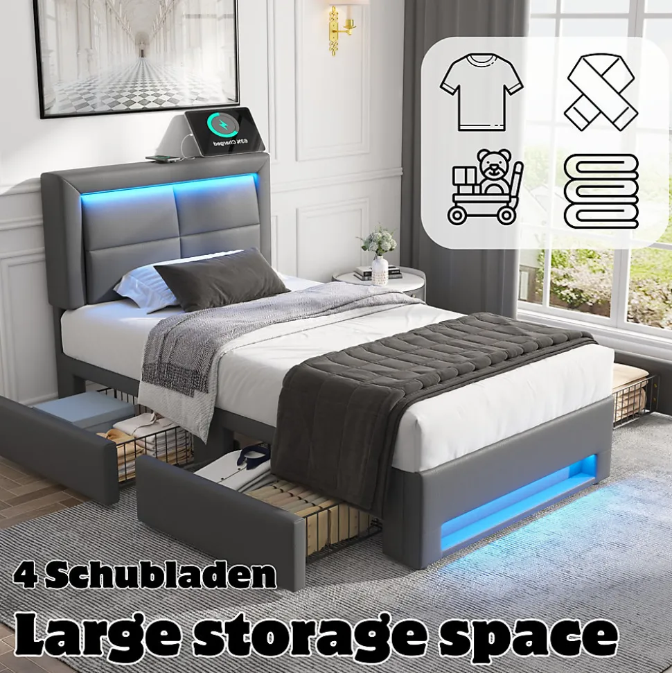 Lit Simple 90x200 cm - Lit Coffre avec 4 Tiroirs et Éclairage LED - Lit Capitonné PU - Gris - Sans Matelas