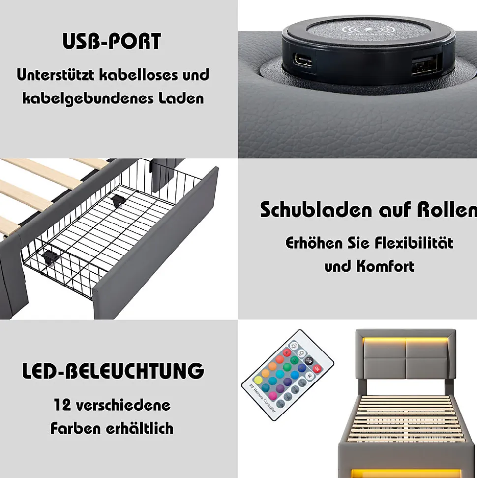 Lit Simple 90x200 cm - Lit Coffre avec 4 Tiroirs et Éclairage LED - Lit Capitonné PU - Gris - Sans Matelas