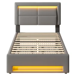 Lit Simple 90x200 cm - Lit Coffre avec 4 Tiroirs et Éclairage LED - Lit Capitonné PU - Gris - Sans Matelas