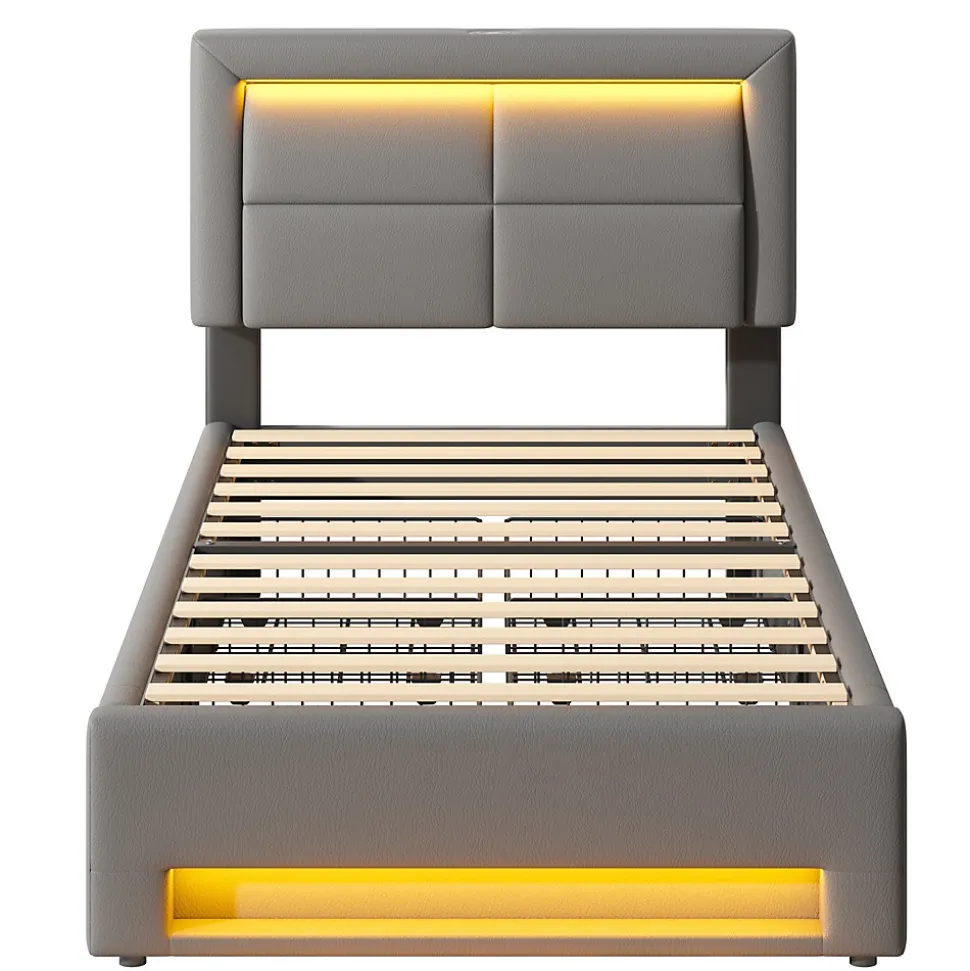 Lit Simple 90x200 cm - Lit Coffre avec 4 Tiroirs et Éclairage LED - Lit Capitonné PU - Gris - Sans Matelas