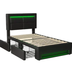 Lit Simple 90x200 cm - Lit Coffre avec 4 Tiroirs et Éclairage LED - Lit Capitonné PU - Noir - Sans Matelas