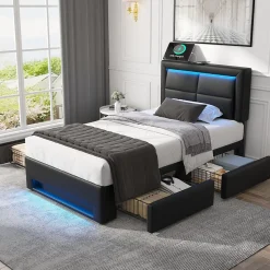 Lit Simple 90x200 cm - Lit Coffre avec 4 Tiroirs et Éclairage LED - Lit Capitonné PU - Noir - Sans Matelas