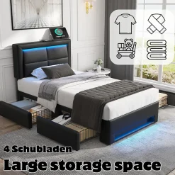 Lit Simple 90x190 cm - Lit Coffre avec 4 Tiroirs et Éclairage LED - Lit Capitonné PU - Noir - Sans Matelas