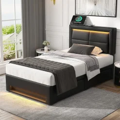 Lit Simple 90x190 cm - Lit Coffre avec 4 Tiroirs et Éclairage LED - Lit Capitonné PU - Noir - Sans Matelas