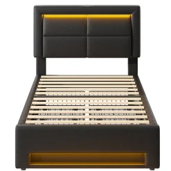 Lit Simple 90x190 cm - Lit Coffre avec 4 Tiroirs et Éclairage LED - Lit Capitonné PU - Noir - Sans Matelas