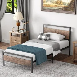 Lit Simple 90x200 cm - Lit en Métal Noir Solide avec Sommier à Lattes et Bois Robuste - Sans Matelas