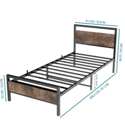 Lit Simple 90x200 cm - Lit en Métal Noir Solide avec Sommier à Lattes et Bois Robuste - Sans Matelas