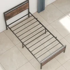 Lit Simple 90x200 cm - Lit en Métal Noir Solide avec Sommier à Lattes et Bois Robuste - Sans Matelas