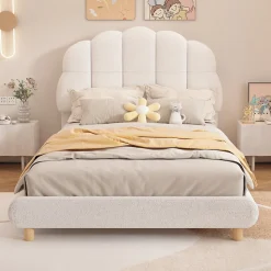 Lit Simple 90x200 cm - Lit Enfant Junior avec Tête de Lit en Peluche - Sans Matelas - Blanc